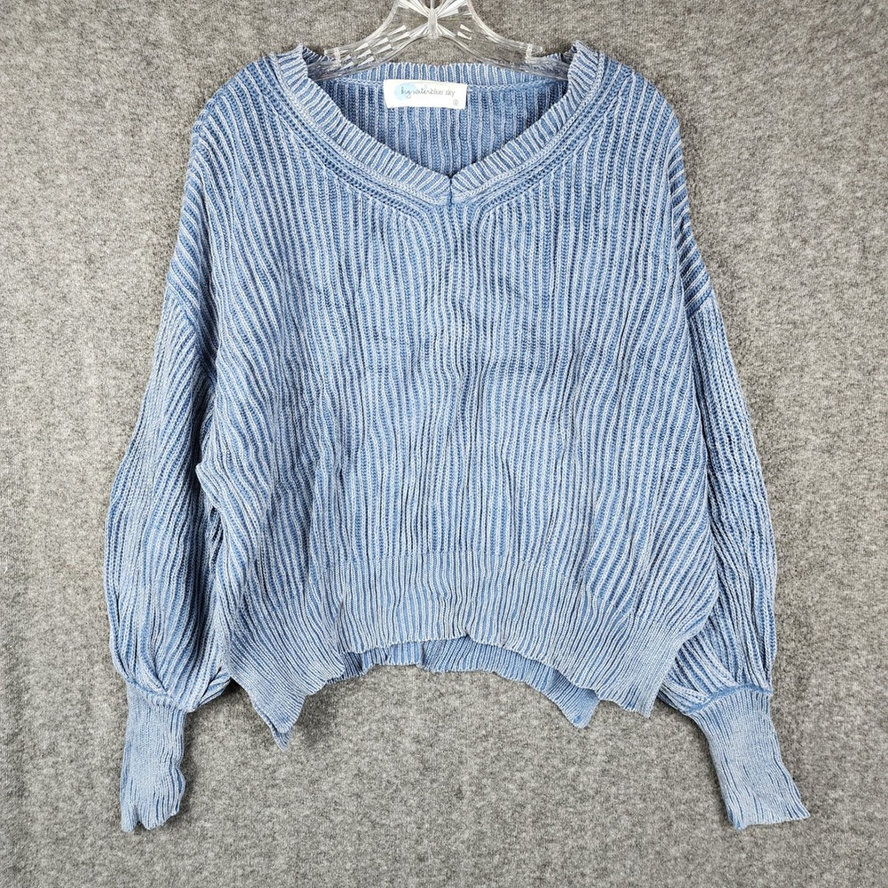 Big Water Blue Sky Sweater Women S Blue Acid Wash Ribbed Cotton Balloon Sleeve